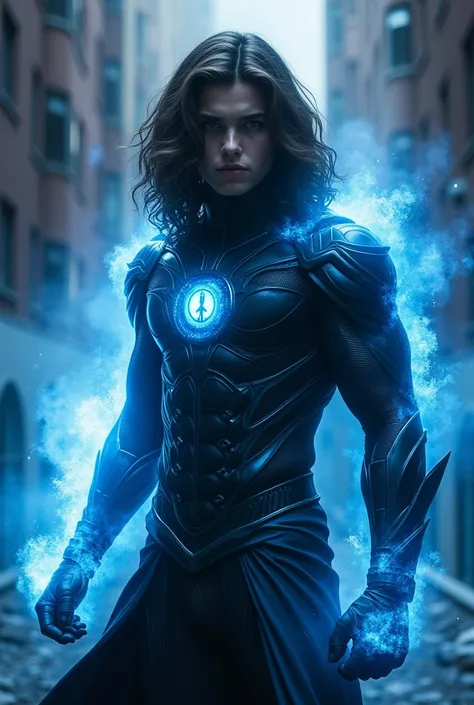 A teenage superhero,  with wavy hair ,  with dark blue power and with a mystical blue costume,  black and white image 