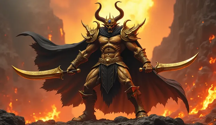 「 and a fearsome golden demon king 、 this character has a muscular body 、 with 2 large curved horns 、 has a third eye placed on his head 。 has a large curved sword in both hands 、It shows an intimidating stance 。 with a black cloak spread out on its back 、...