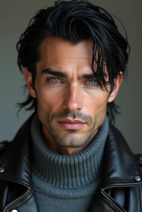 A 38 Handsome And Sexy Man,High Resolution, High Details, High Quality, HD, 8K Octane, Black Swept Hair, Blue eyes, Closed Mouth, Wet Hair, with Grey V-Neck Sweater with Leather Jacket