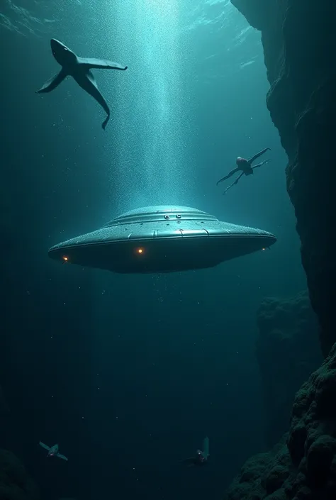 A UFO under the ocean depth lights  particles creatures high contrast darkness cinematic lights
