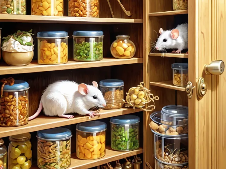 Mice eating stored food stuff, in a cupboard
 (masterpiece best quality:1.2) delicate illustration ultra-detailed, illustrations,