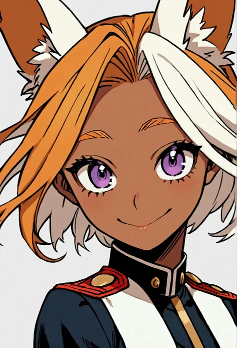 Female character from my hero academia with orange hair and white hair, violet eyes, fox ears, Brown skin, kind smile and uniform