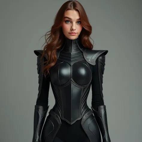 This young woman is clad in a striking, form-fitting armor of deep obsidian black with subtle silver accents, designed to emphasize her toned physique while exuding timeless elegance. The sleek design contours her figure with precise lines along the chest,...