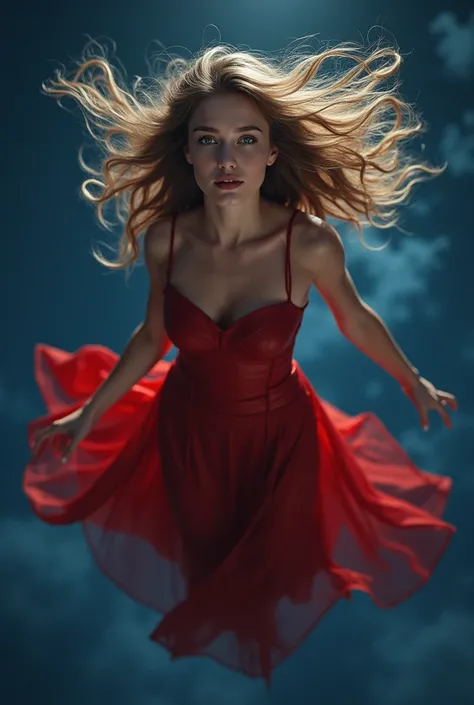 A beautiful girl with long wavy hair, Wearing a long red leather dress and no cape, no mask, flying with her hair flying, she is face-on in the sky in the middle of the night, the blue sky, with her eyes open from the front.