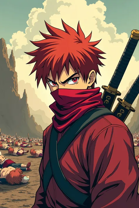  A flat 2D male character whose age is approximately s with the following characteristics:  short red hair , hero style ,  red eyes and a challenging look
Clothes : swords on the back,  high red collar and a red bandana covering his mouth .  A Ban-style ch...