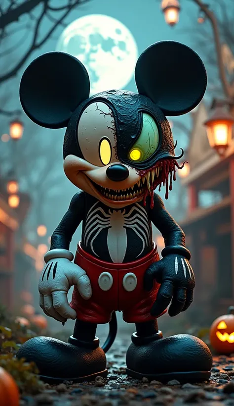 
Create a terrifying hybrid creature that fuses the features of Mickey Mouse and Venom in a way that showcases both characters’ iconic appearances.  
- **Head and Face:** The hybrid has Mickey Mouses signature round head and ears, but his face is grotesque...