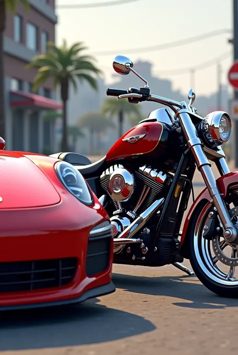 Red car and big bike parked together