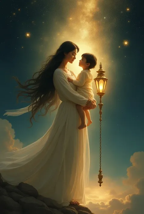 A beautiful solanmano and faith holding a beautiful girl with black hair with her fingers a little gold chain that hangs holding a beautiful antique lamp in the shape of a 7-pointed star made of gold and glass, full of infinite and giant light that illumin...