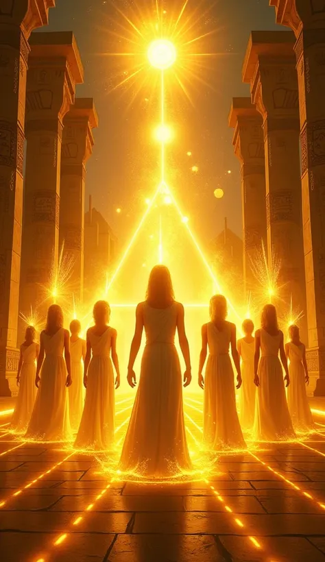 a legion of spiritual healers ,  each surrounded by a luminous and golden aura symbolizing the energy of Sekhem. Le fond pourrait inclure des temples égyptiens et des pyramides, renforçant le lien avec lénergie ancienne et la puissance de guérison.