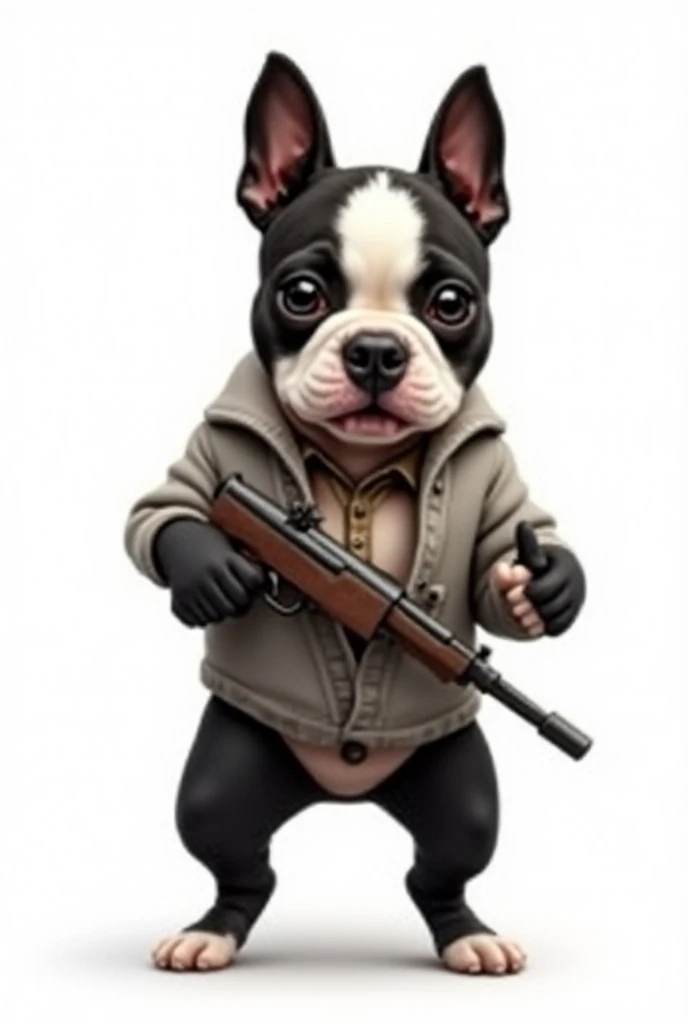 虹色の boston terrierの落書き画、White background、 boston terrier、 design、Dressed、 gun to protect my brother