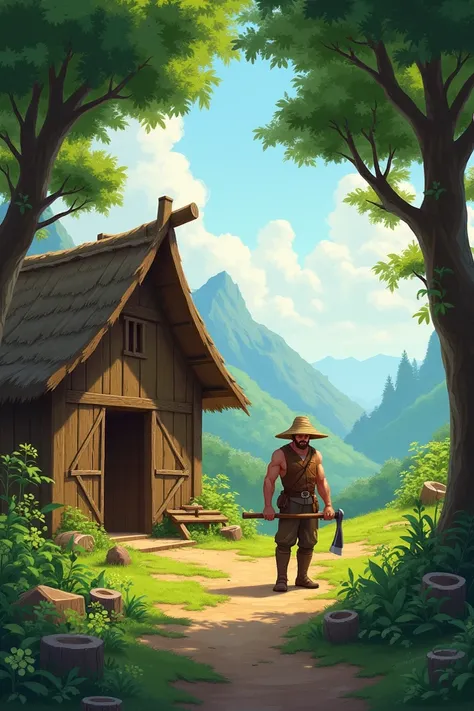 "A peaceful village surrounded by lush green trees, with a simple hut where a woodcutter lives, holding his axe and getting ready to work."