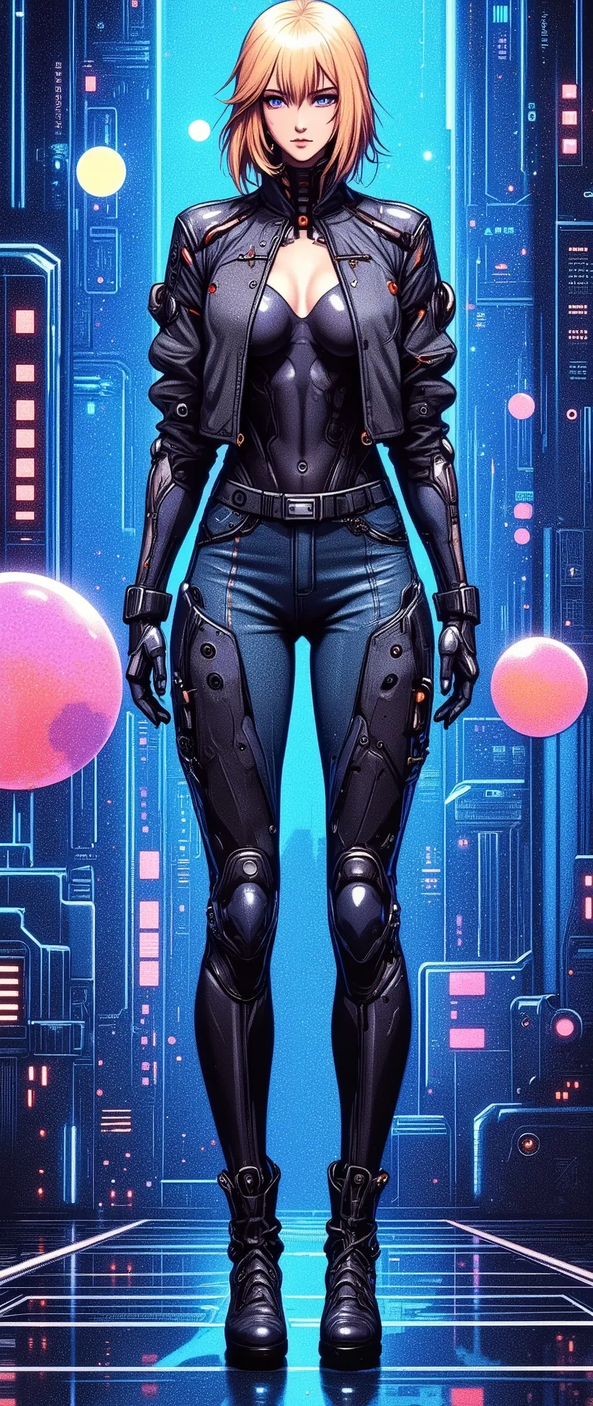 (masterpiece:1.2),( best quality),(Super detailed),(  super high definition ),(  Best Illustration ),8k, wallpaper,  Beautiful Female Cyborg,whole body,Vector art,Layered Textures  ,progressive,SF,  Cyberpunk  ,jeans, military jacket, boots,( The background is a blue hologram with a large blue check pattern),(Neon colored planetary groups in the background:2.0)