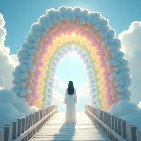  rainbow-shaped bridge ， standing there with a white robe 、 Black-haired woman ， with white light and white clouds ， bridge has a four-meter-high wooden arch closed。
    The sky is bright
 The white clouds around the dazzling ， at the other end of the 20-m...