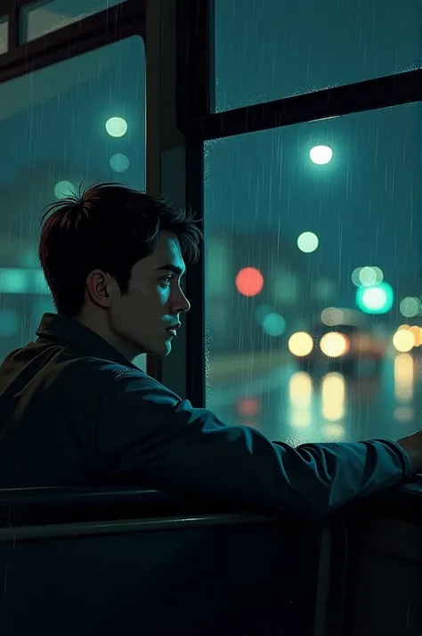 Man watching the rain on the bus at night with his head against the glass 