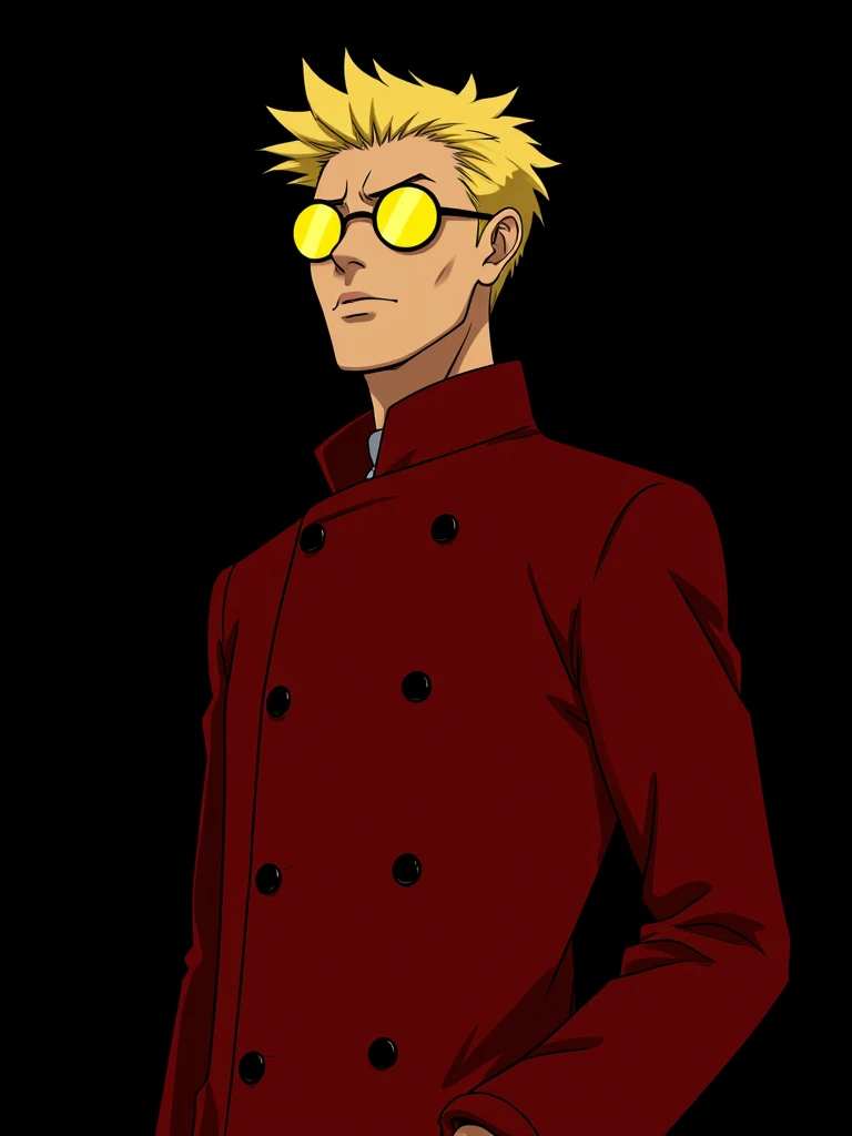 A semi-realistic anime-style portrait of a tall blond man with spiky hair wearing a red trench coat and round yellow glasses. The scene is dark and dramatic, with focused top-down lighting illuminating his serious expression and casting shadows across his ...