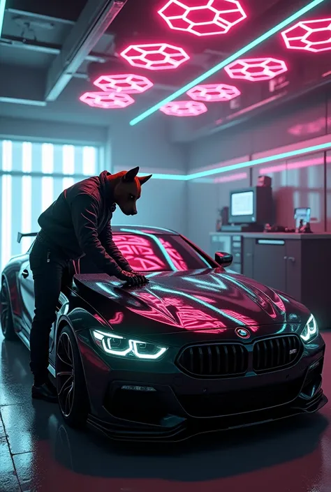 Car detailing garage, black car being polished, white led stripe lights, hexagonal pink led lights from roof,cyberpunk,Uber realistic dog faced man working 