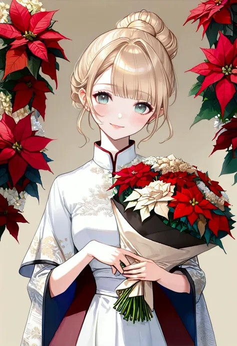 Beautiful woman、 adult woman laughing、One female、Small bouquet in hand 、Smile a little、（super masterpiece、 photorealistic、 Hyperrealistic ）、( small bouquet of poinsettias :1.7)、( beige hair:1.7)、(Luxurious Chignon Hair :1.7)、Beautiful eyes、Beautiful Anime ...