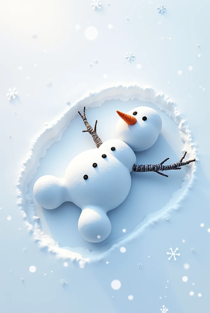 Aerial view of a snowman lying in a field of snow making an angel