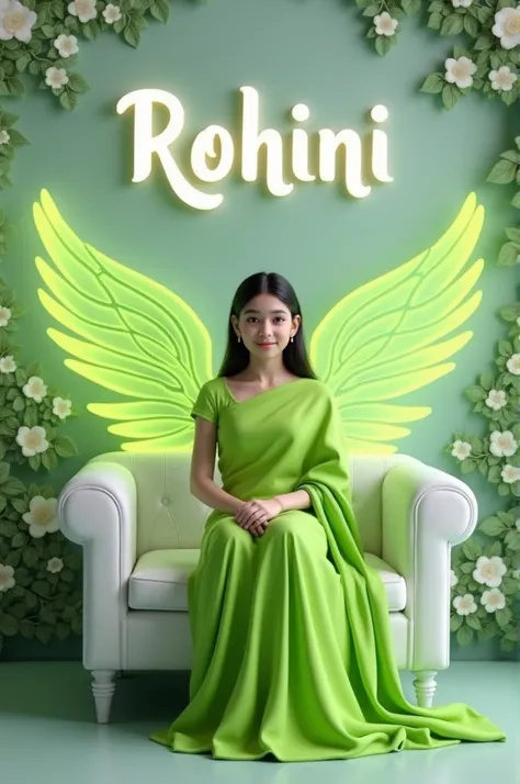 Create 3D picture of a beautiful 18 year old girl sitting on the white sofa set chair, the girl is wearing a neon green saree, background wall decorate in flower and leaves and written on capital Big font white colour "ROHINI" and wing are green colour loo...