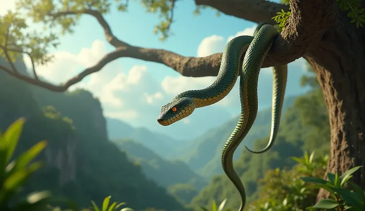 photorealism:1.2),HD picture quality, cinematic style, An animated python slithering from a tree branch, beautiful background, clear picture, beautiful weather