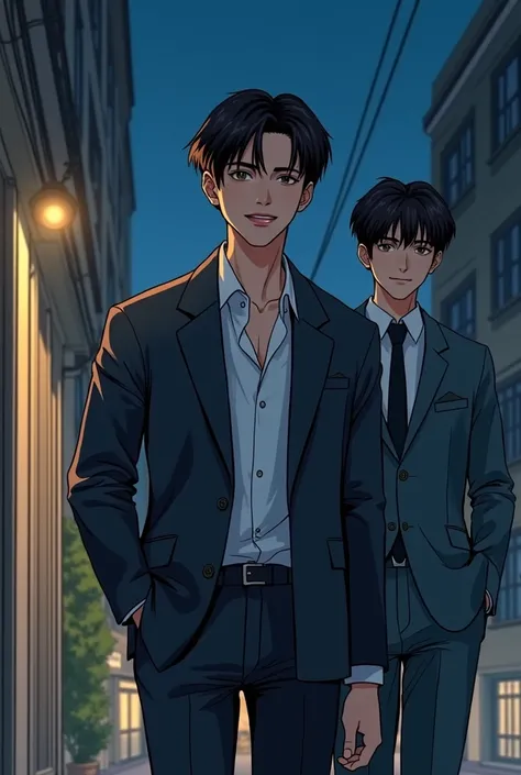 A comic manhwa-style nighttime scene of upscale neighborhood in Seoul. A fair skinned black hair tall handsome korean idol Mingyu is dressed in a stylish Korean idol actor outfit, smiling as he walks. stepping out of his apartment building with his guy man...