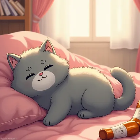 A gray manul cat that is fluffy even when lying down sluggishly，Liquor bottles are rolling around,（ anime style），（ Pastel Color ），