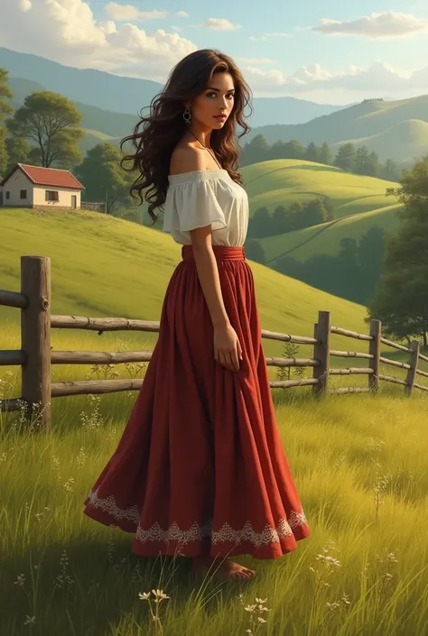 **Prompt:**  

> Create a realistic image of a Brazilian woman from the Goiás region of Brazil. She has light to medium skin, wavy brown hair cascading over her shoulders, and is dressed in traditional attire associated with Goiás, such as a long skirt wit...