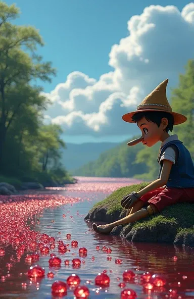 Pinocchio sits on the banks of a river that consists of red diamonds .  The river flows through a forest and in the blue sky is BEM in the color of clouds