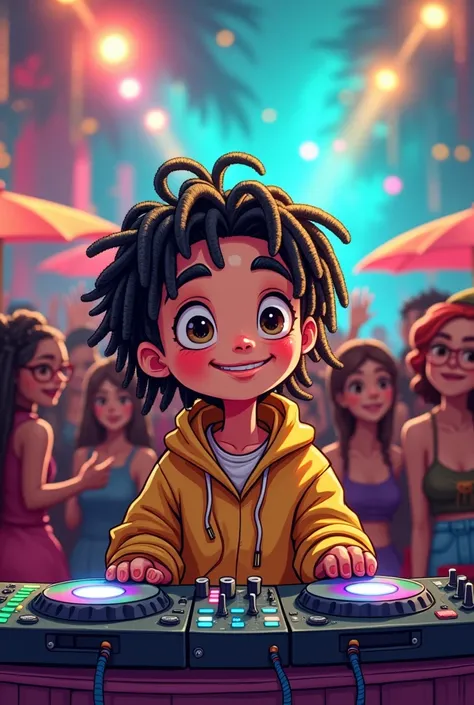 Create a cartoon image of a Chinese boy with Rastafarian hair playing as a DJ at a reggae party