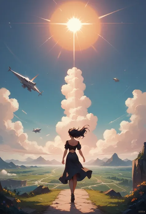 Hair floating in midair, back view, Look at the sun, There is a starship in the sky, Three suns, A  with black hair,  girl, Standing in the steppe, landscape, universe, 8k, super detail