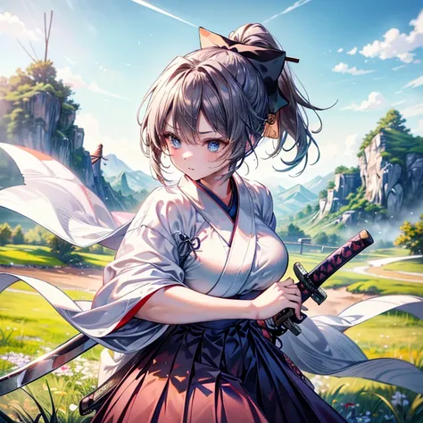 (( best quality)), ((masterpiece)), (  Details),( ultra high resolution)、Cute girl、 very young 、solo、
(((Samurai with sword)))、
( long black ponytail 、 hair bow)、 blue eyes 、 super huge tits、Father&#39;s bag、
 perfect face、超 Detailsな肌、(Perfect Fingers、Perf...