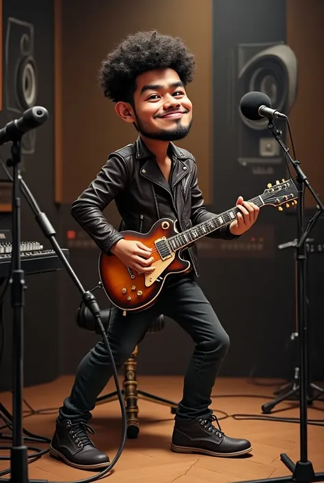 Caricature 4D.25-year-old Indonesian man . Short-haired curly brewok using a leather jacket black jeans shoes booth was playing electric guitar in the studio .realistic focus 