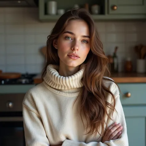  beautiful girl,  European appearance , in a sweatshirt to the neck , photo to the waist, kitchen against 