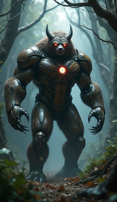 "Design a fantastical hybrid creature that merges the features of Ironman and a sloth into a seamless, monstrous entity. The hybrid should have Ironmans sleek metallic armor infused with organic fur elements, giving it a rugged, primal appearance. It has g...