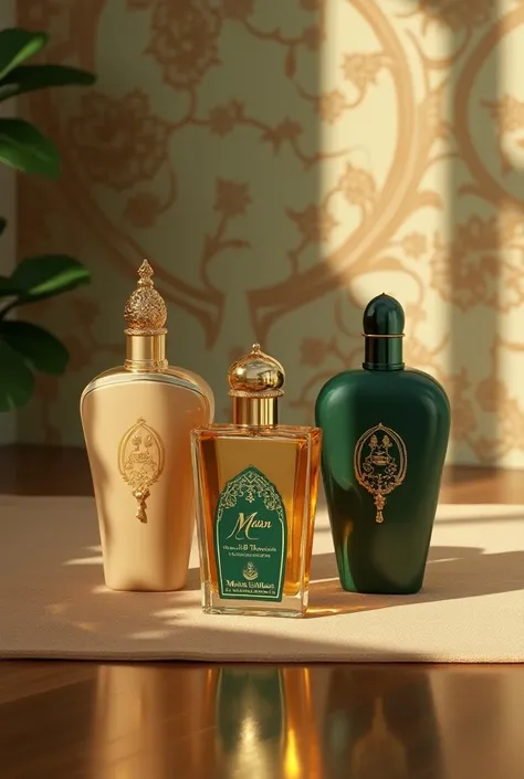 create perfumes images with name of MASR, with color of Soft gold, deep green, and ivory. Also use the company name Mushk ul MASR on the perfume as a Brand name.