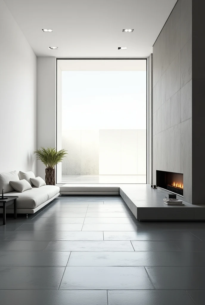 " Create an illustration of a modern living room in perspective,  with the vanishing point centered on the large window in the background . The room should have a rectangular shape , com o piso de cerâmica em Gray tone  escuro.  The larger wall on the righ...