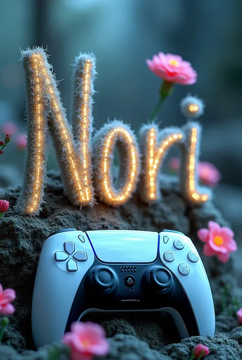 Draw me my name "NORI" with byotyfuel sony playstation 5 and controller behind