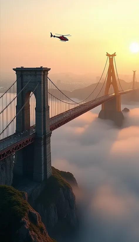 (Masterpiece, High Quality, 9score_up, 8score_up, 7score_up, Detail, 4K, 8K, Ultra-Detail), Motif image comparing modern and medieval bridges, a fine long old stone bridge and a modern Golden Gate Bridge side by side, over the straits, Morning mist, mornin...