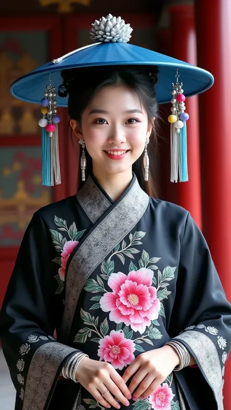 A young woman wearing Chinese Dai costume. She wears a blue hat with a large silver flower decoration on the hat and colorful tassels on the brim. Her clothing is mainly black, with colorful patterns embroidered on it, especially the pink peonies on the ch...