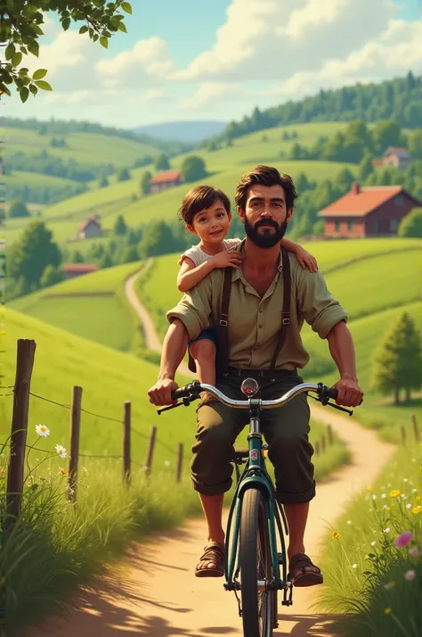 Father carries daughter on bicycle in country