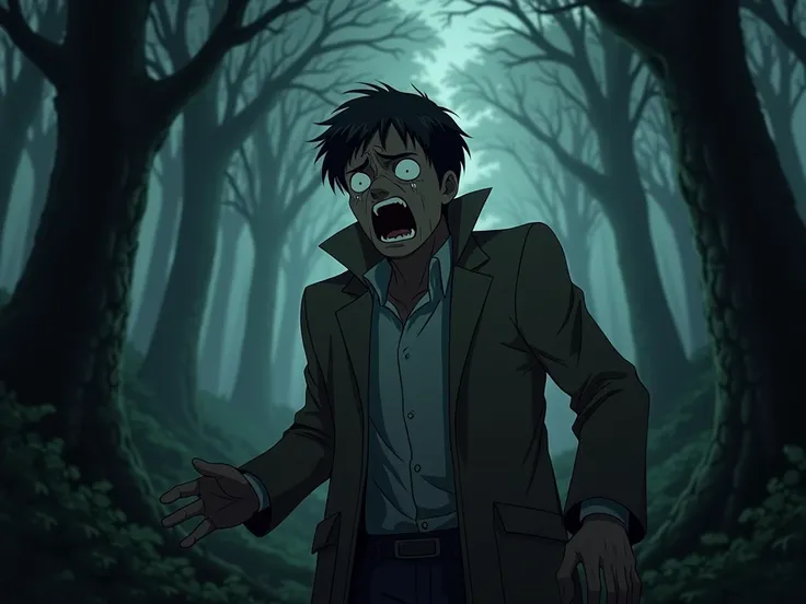 detective man crying out of fear whilst  in a forest anime style 