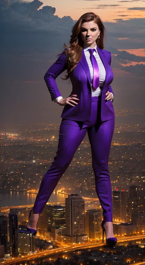 A sophisticated and stylish wowan in a grey pinstriped trouser suit, white shirt, and a large wide purple necktie with a really large windsor knot, with a beautiful, curvaceous figure, massive breasts, and long hair, with a curvaceous figure and massive br...