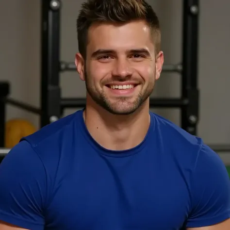 ACGN,Wide view,Close-Up(CU),Dramatic light,1️⃣ Photo of a smiling middle-eastern man with a beard, wearing a blue t-shirt, sitting at a gym table. He appears to be in his thirties and has short, neatly trimmed hair. He looks like an influencer, facing the ...