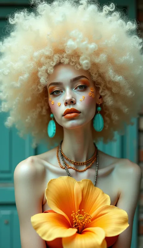 Photo of an albino African woman with big curly hair, holding a large flower, wearing turquoise earrings and a necklace, she has honey colored eyes, they are patterned in a light green color with orange flowers, her makeup look features golden lips ​​​natu...