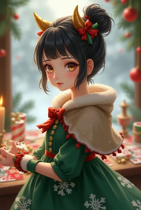 Beautiful card game pictures、anime、Christmas cape 、 pretty girl、Green Dress、 black hair bun short hair、Hair accessories、golden devils horn、profile、