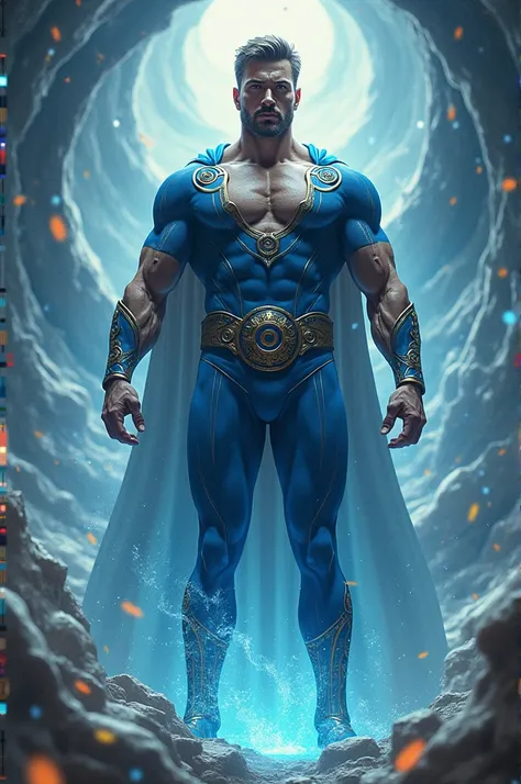 create a man character who is a hero whose power is that of time ⏳ and his suit must be cronos blue with a gigantic bulging cock