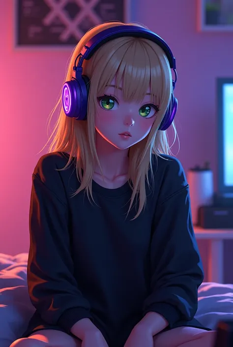 A dark-blond haired ,  with a purple gamer headset ,  she will be wearing a comfortable black outfit ,  her eyes are light green and she is in her bedroom with the BTS theme 