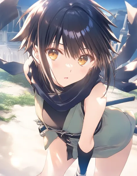 1girl, tomboy, ninja, little female, small breasts, expressionless, open mouth, outdoors,wind, fantasy, game CG, break,((artist:mitsumi_misato)),(artist:fujiyama),(artist:suzumori),(masterpiece), (best quality), (ultra-detailed), very aesthetic, newest, be...