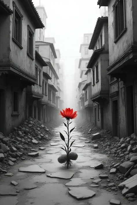 Create a street that goes backwards with broken houses on the sides and in the middle of the street is a small red flower and the rest is black and white 