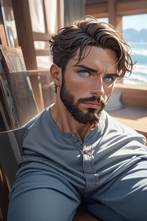 man, short brown hair ,  bright blue eyes , detailed background, every detail is rendered in superb detail, perfect composition, masterpiece, best quality, 8k, ultra-detailed, very clear, perfect anatomy, detailed eyes, black t-shirt , blue pants, 
